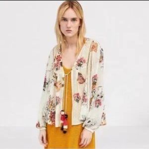 Zara Open front blouse with Pom Pom tie US XL